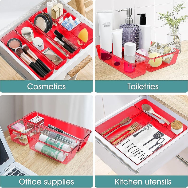 WOWBOX 25 PCS Plastic Drawer Organizer Set, 4 Sizes Desk Drawer Divider Organizers and Storage Bins for Makeup, Jewelry, Gadgets for Kitchen, Bedroom, Bathroom, Office, Clear Red - Image 5